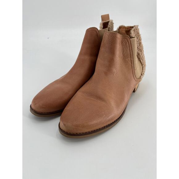 Toms Ella Ankle Boots Sz W9 Tan Leather Faux Shearling Booties Ship On - Picture 1 of 11